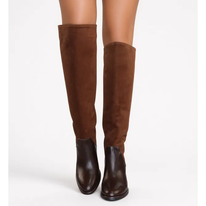 Bottes femme marron daim et cuir bicolores - Bottes Italiennes artisanales