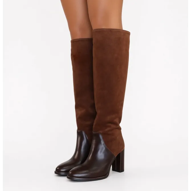 Bottes femme marron daim et cuir bicolores - Bottes Italiennes artisanales
