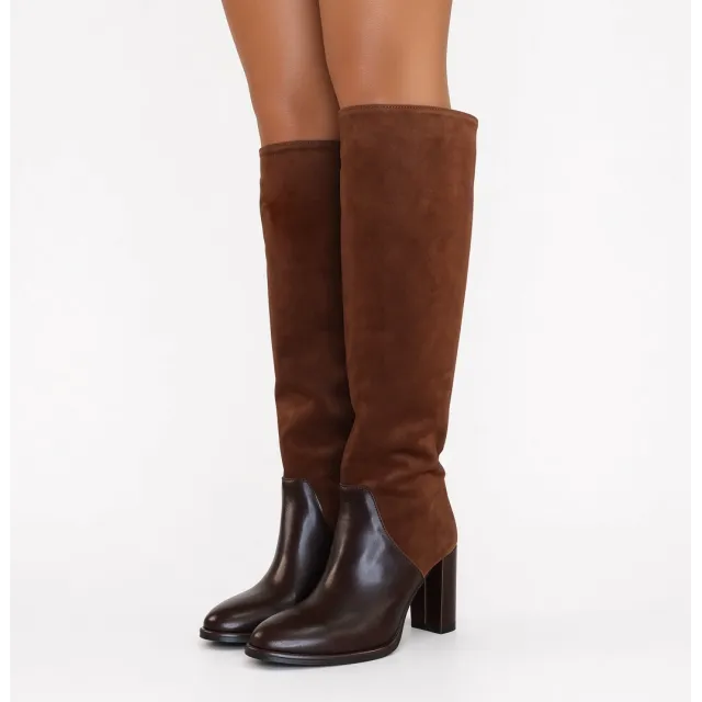 Bottes femme marron daim et cuir bicolores - Bottes Italiennes artisanales
