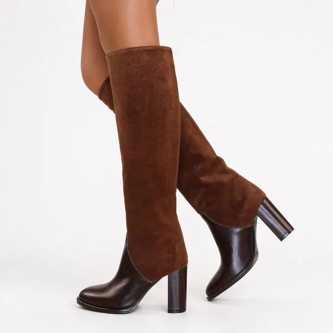Bottes femme marron daim et cuir bicolores - Bottes Italiennes artisanales