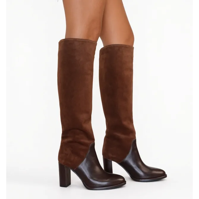 Bottes femme marron daim et cuir bicolores - Bottes Italiennes artisanales