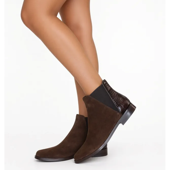 Bottines plates femme daim et cuir marron  - Boots femme artisanales