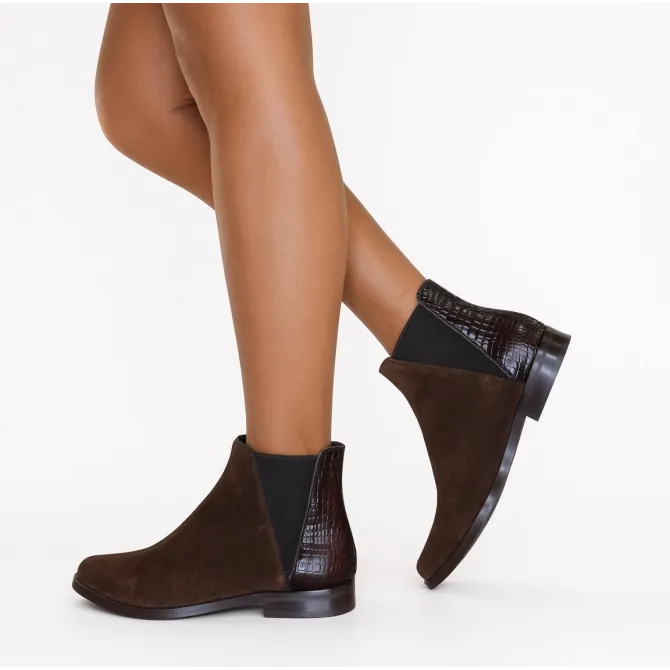 Bottines plates femme daim et cuir marron  - Boots femme artisanales