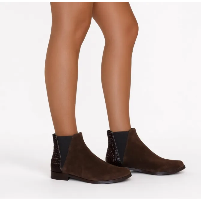 Bottines plates femme daim et cuir marron  - Boots femme artisanales