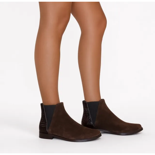 Bottines plates femme daim et cuir marron  - Boots femme artisanales