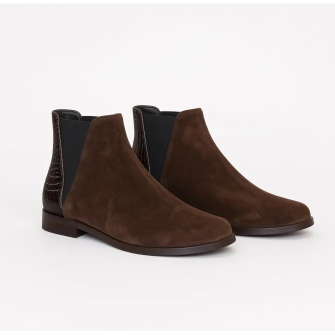 Bottines plates femme daim et cuir marron  - Boots femme artisanales