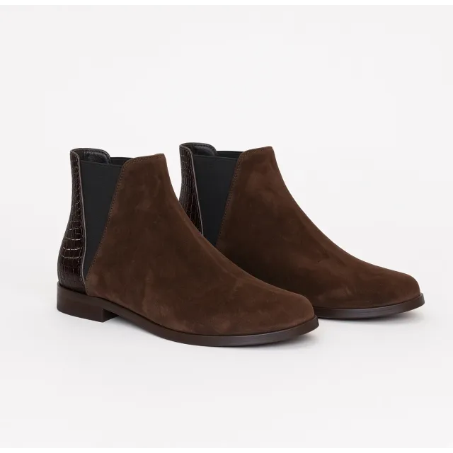 Bottines plates femme daim et cuir marron  - Boots femme artisanales