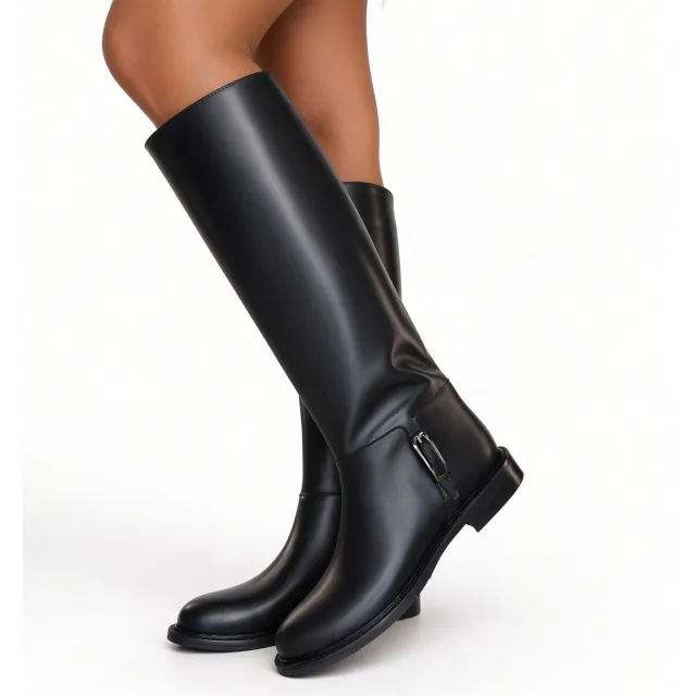 Bottes femme cuir noir plates avec boucle argentée - Bottes artisanales plates