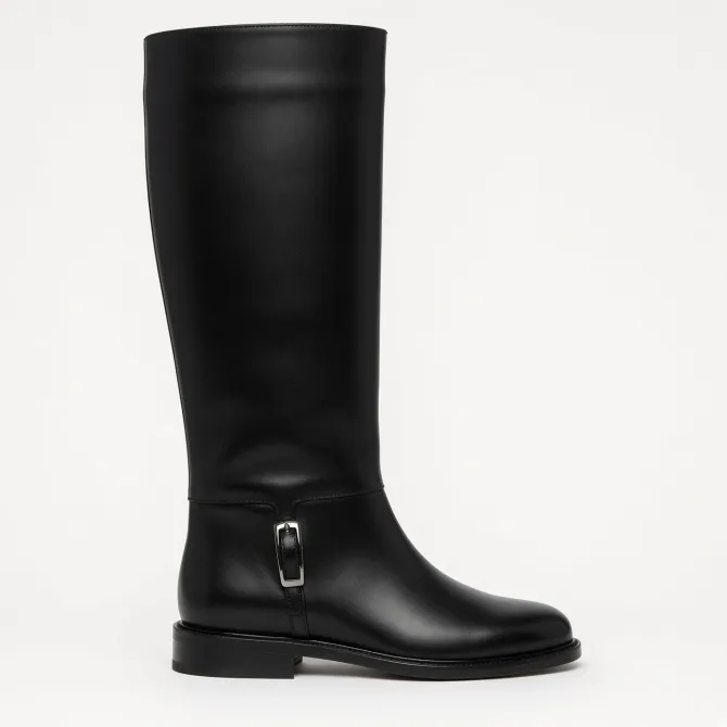 Bottes femme cuir noir plates avec boucle argentée - Bottes artisanales plates