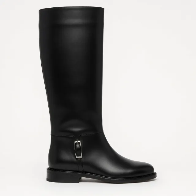 Bottes femme cuir noir plates avec boucle argentée - Bottes artisanales plates