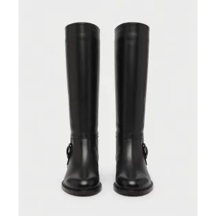 Bottes femme cuir noir plates avec boucle argentée - Bottes artisanales plates