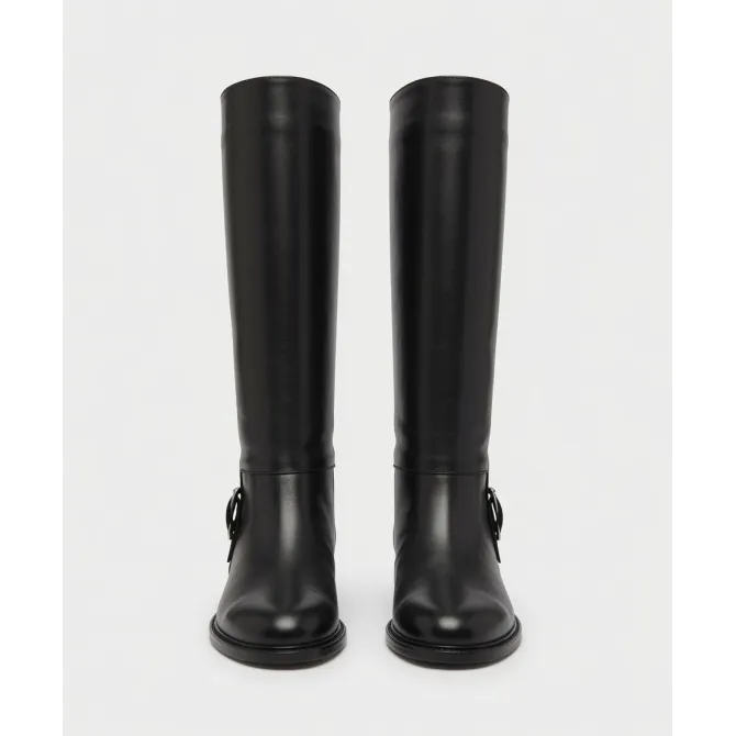 Bottes femme cuir noir plates avec boucle argentée - Bottes artisanales plates