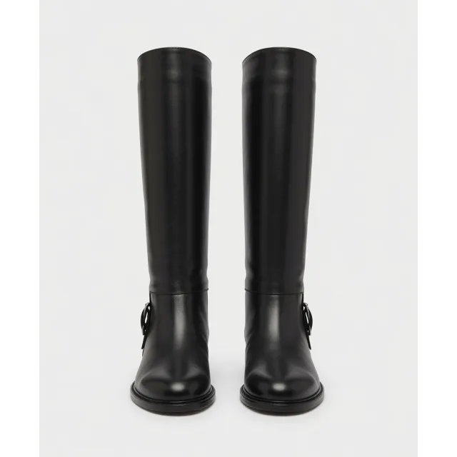 Bottes femme cuir noir plates avec boucle argentée - Bottes artisanales plates