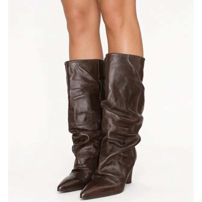 Bottes femme cuir marron plissé à talon compensé - Bottes Italiennes