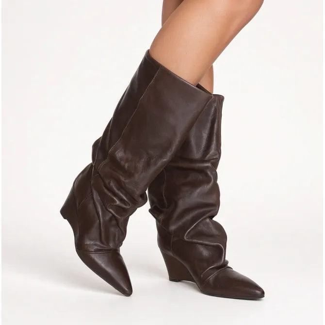 Bottes femme cuir marron plissé à talon compensé - Bottes Italiennes