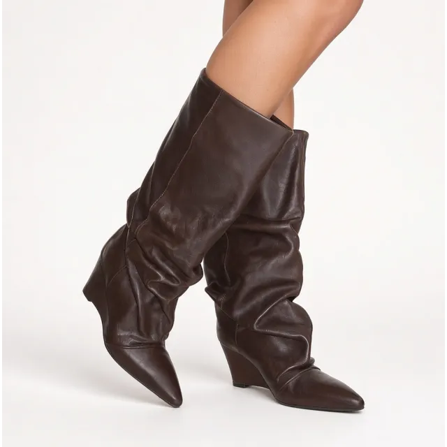 Bottes femme cuir marron plissé à talon compensé - Bottes Italiennes