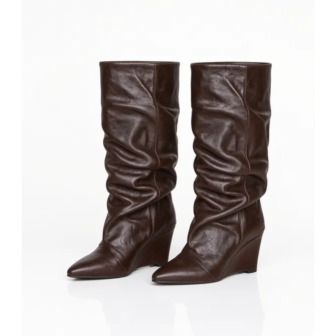 Bottes femme cuir marron plissé à talon compensé - Bottes Italiennes