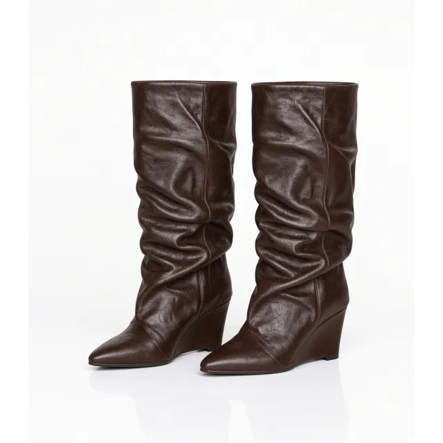 Bottes femme cuir marron plissé à talon compensé - Bottes Italiennes