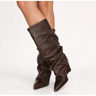 Bottes plissées cuir marron vintage talon compensé