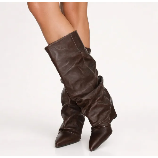 Bottes femme cuir marron plissé à talon compensé - Bottes Italiennes