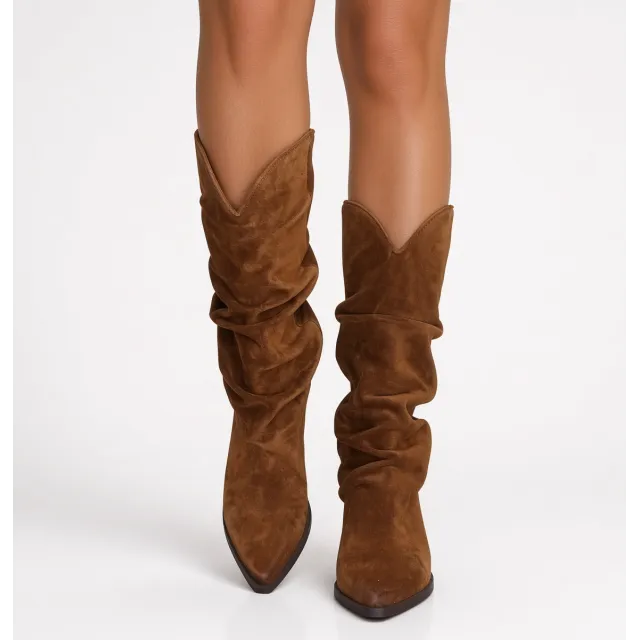 Bottes cowboy femme daim camel plissé – Santiags artisanales Italie
