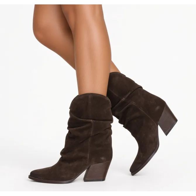 Bottines cowboy femme daim marron plissé - Boots cowboy artisanales