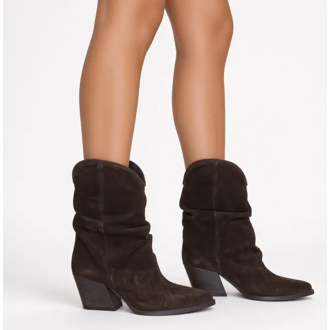 Bottines cowboy femme daim marron plissé - Boots cowboy artisanales