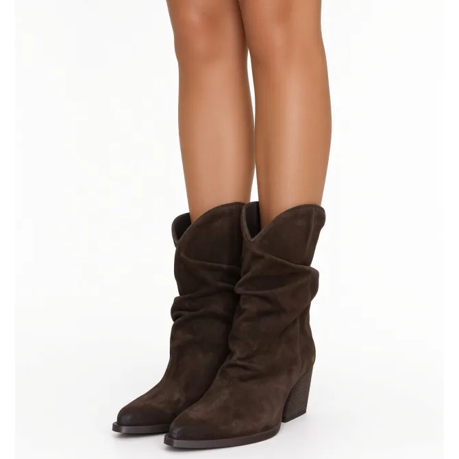 Bottines cowboy femme daim marron plissé - Boots cowboy artisanales