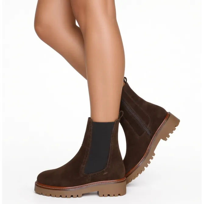 Bottines femme daim marron à semelle bicolore - Bottines plates