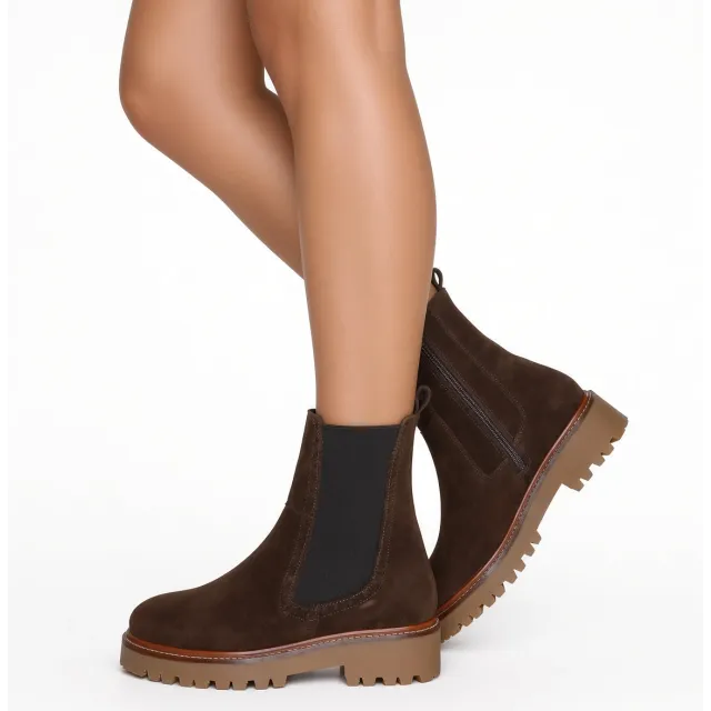 Bottines femme daim marron à semelle bicolore - Bottines plates