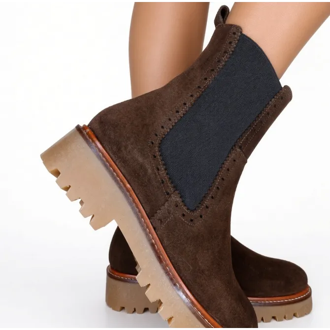 Bottines femme daim marron à semelle bicolore - Bottines plates