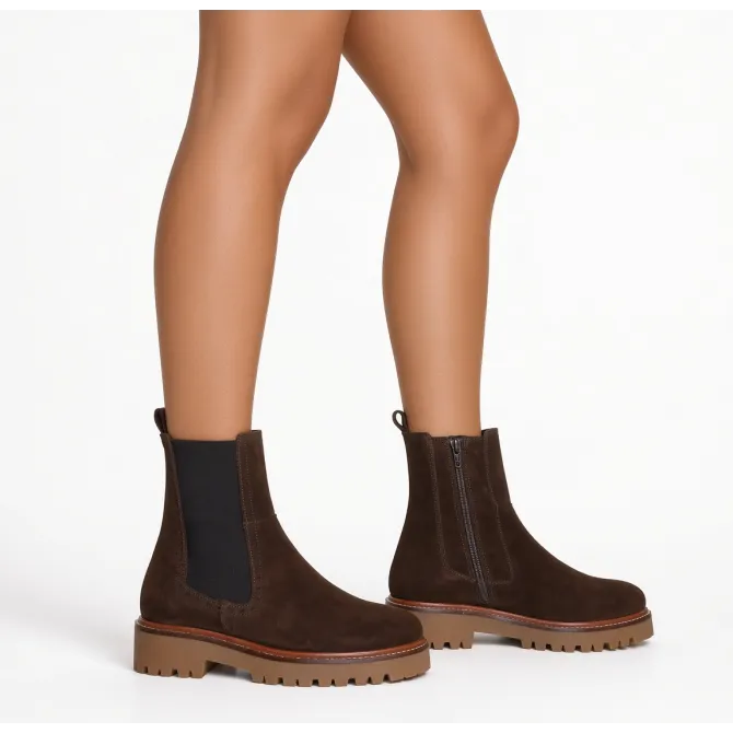 Bottines femme daim marron à semelle bicolore - Bottines plates