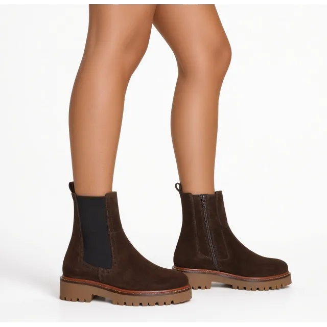 Bottines femme daim marron à semelle bicolore - Bottines plates