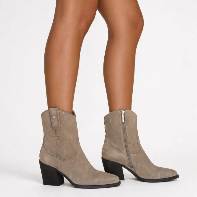Bottines cowboy femme daim taupe - Boots cowboy daim