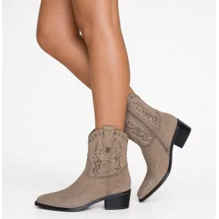 Bottines cowboy femme daim taupe à strass et clous  - Boots femme