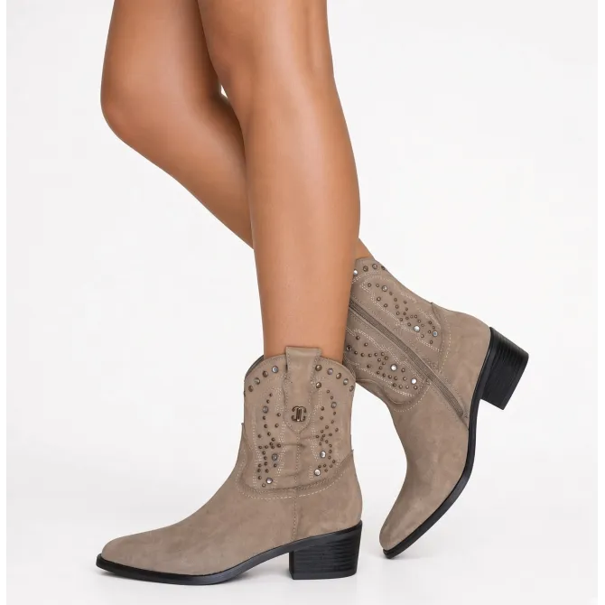 Bottines cowboy femme daim taupe à strass et clous  - Boots femme