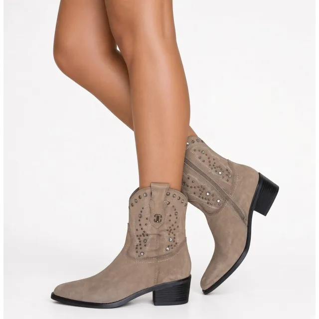 Bottines cowboy femme daim taupe à strass et clous  - Boots femme