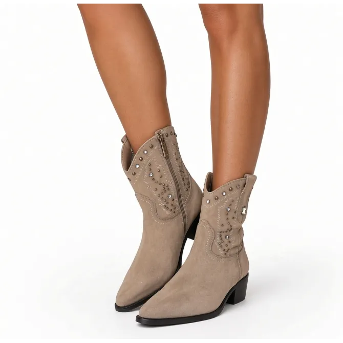 Bottines cowboy femme daim taupe à strass et clous  - Boots femme