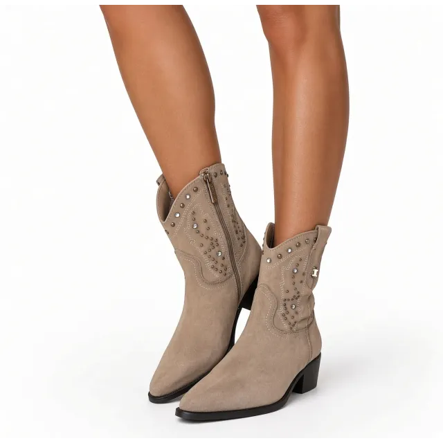 Bottines cowboy femme daim taupe à strass et clous  - Boots femme