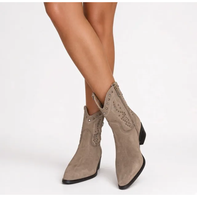 Bottines cowboy femme daim taupe à strass et clous  - Boots femme