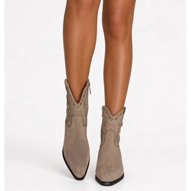 Bottines cowboy femme daim taupe à strass et clous  - Boots femme