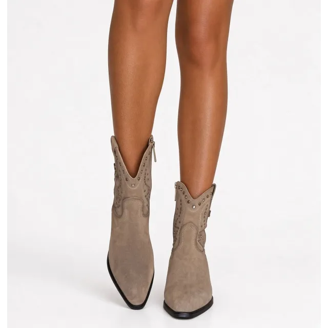 Bottines cowboy femme daim taupe à strass et clous  - Boots femme