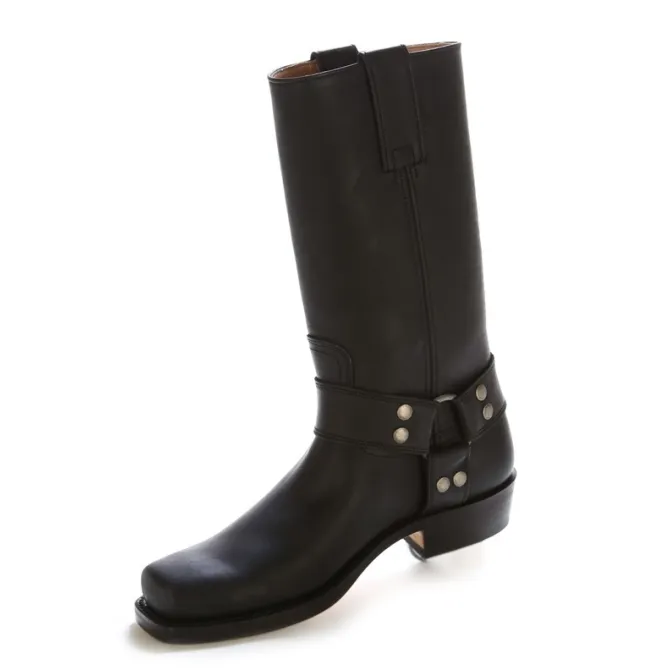 Bottes bikers cuir noir bride à rivets - Bottes de moto artisanales
