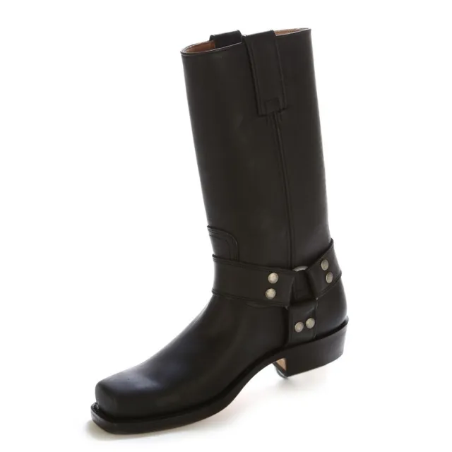 Bottes bikers cuir noir bride à rivets - Bottes de moto artisanales
