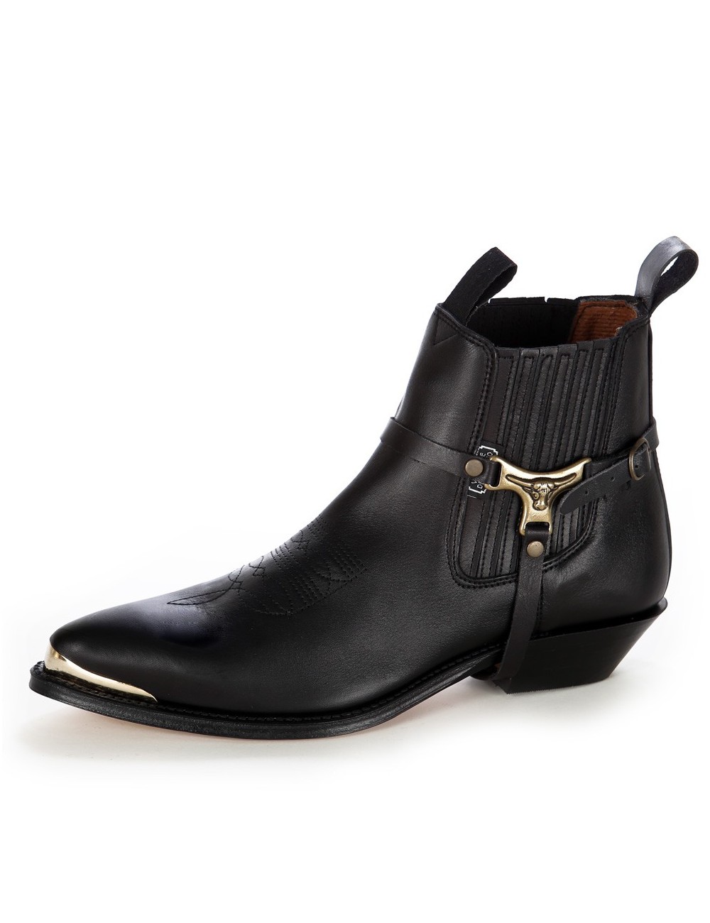 Boots western cuir noir bout ferré - Bottines cowboy artisanales