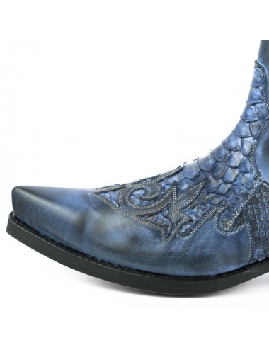 Santiags courtes bleu jean cuir et serpent - Bottines cowboy artisanales