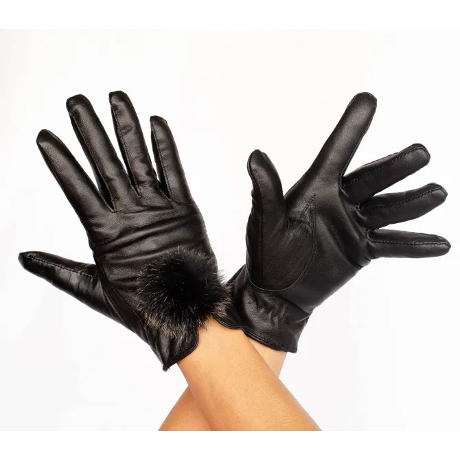 Gants femme cuir pompon fourrure - Chapeaux western artisanal