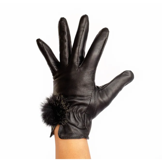 Gants femme cuir pompon fourrure - Chapeaux western artisanal