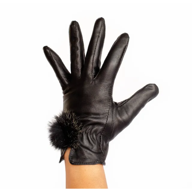 Gants femme cuir pompon fourrure - Chapeaux western artisanal