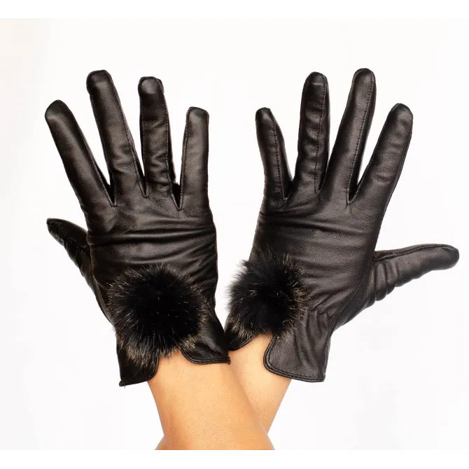 Gants femme cuir pompon fourrure - Chapeaux western artisanal
